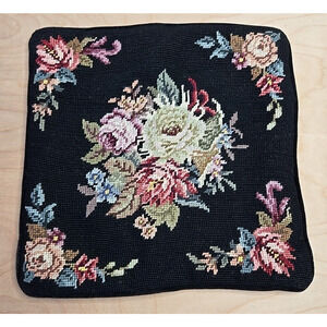 Handmade Wool Needlepoint Throw Pillow Cover Victorian Floral Tapestry 14" Keeco